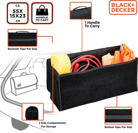 BLACK+DECKER - Kofferbak Organizer - Kofferbak Tas - 55 x 15 x 23 CM - 1 Groot Vak en 2 Insteekvakken - Boodschappen en Auto Accessoires - Met Klittenband - Zwart