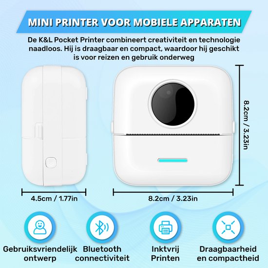 Mini Printer voor Mobiel - Incl. 6 Papierrollen, 5 Stickerrollen, 3 Kleurrollen en Kleurpennen - Mobiele Pocket Printer - Zonder Inkt - Draadloos - Wit