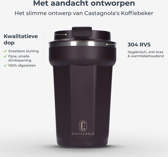 Castagnola Thermosbeker - Koffiebeker To Go - Travel Mug voor Koffie en Thee - Theebeker - 380 ML - RVS - Bruin - Octagon