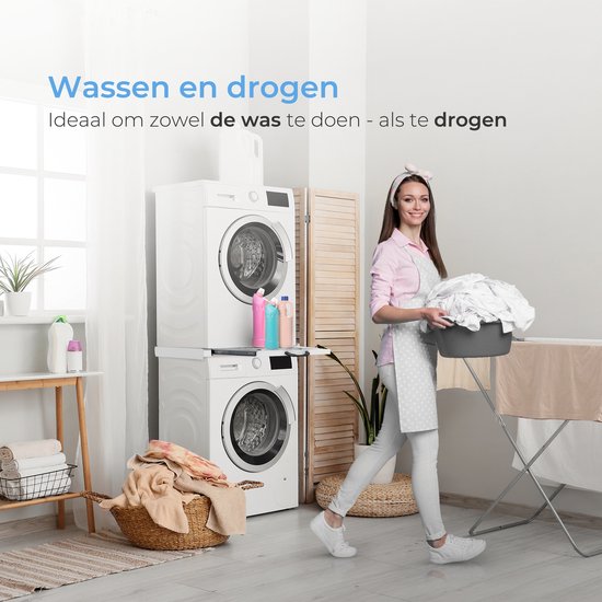 Skoov Tussenstuk voor Wasmachine & Droger - Stapelkit - Met uitschuifbare plank - Universeel - Droogkast - Meubel - incl. trildempers en spanband