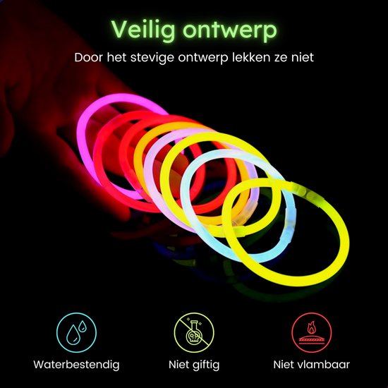 Partizzle 300 stuks Glow in the Dark Sticks - Extra Dik - Incl. Glowsticks Connectors - Breekstaafjes - Neon Carnaval Party Artikelen - Verjaardag Nieuwjaar Feest Versiering - 7 Kleuren
