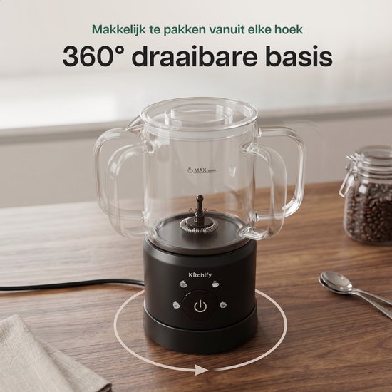 Kitchify Glazen Melkopschuimer - Elektrische melkopschuimer - Met schenktuit - 4 in 1 - Milk Frother - Zwart