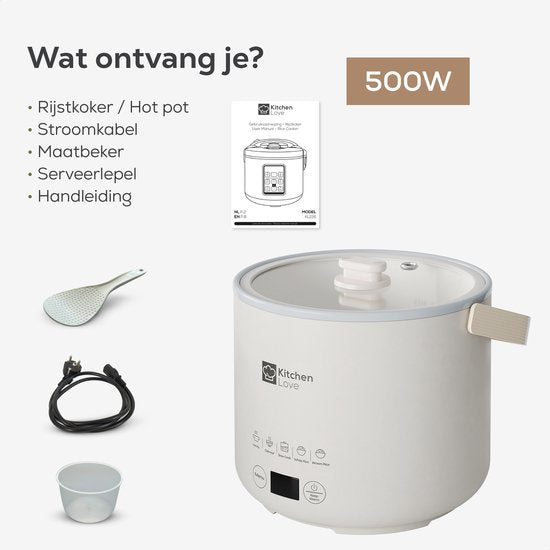 KitchenLove Rijstkoker - 0.4L - Multicooker - Rice Cooker - Slowcooker - 1 tot 2 Personen - Klein - Créme Wit