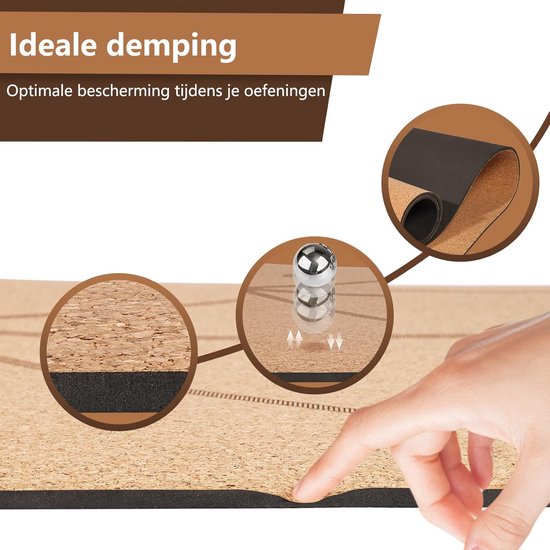 DH FitLife Yogamat van kurk & TPE, mat 183 x 61 x 0,6 cm, fitnessmat, antislip en milieuvriendelijk, sportmat van nature zelfreinigend, yogamat met oriëntatielijnen (grote lotos)
