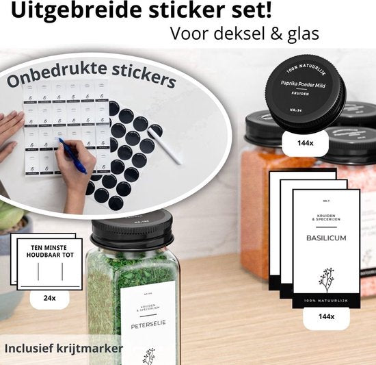 Organess 28 Glazen Kruidenpotjes Vierkant met Zwarte Deksel – 3 Soorten Strooideksels – Kruidenstrooier – Spice Jars – Complete Set incl Kruiden Stickers, Krijtstift en Accessoires – 120ml