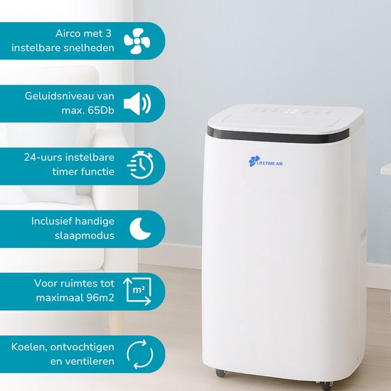 Lifetime Air Mobiele Airco – 14.000 BTU - Airconditioner incl. Raamafdichting kit - Airconditioning, Luchtontvochtiger en Ventilator - Air Conditioner met Slang – Verkoeling tot 96m3 – Timer en Afstandsbediening