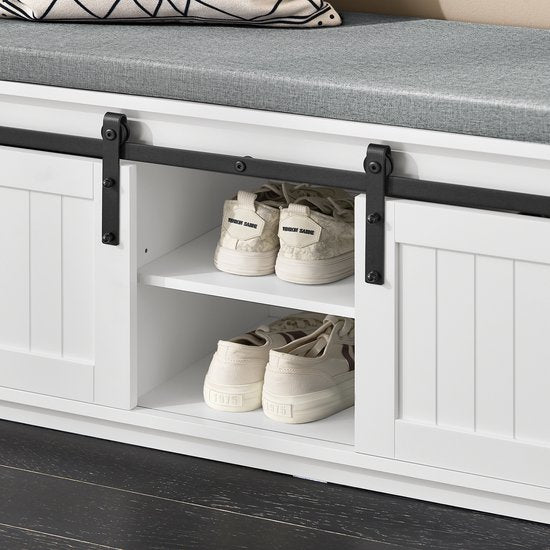 SoBuy Schoenenrek met Schuifdeuren, Halmeubel met Kussen, 6 Vakken Schoenenbank voor Entree, 90x35x46 cm, Wit, FSR133-K-W