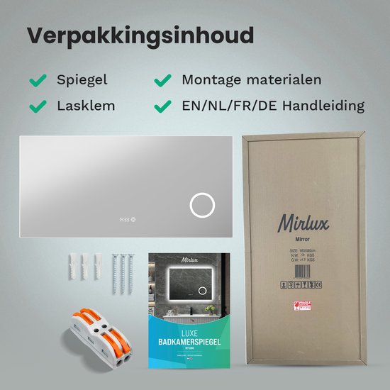 Mirlux Badkamerspiegel met LED Verlichting & Verwarming – Rechthoekige Wandspiegel – Anti Condens Douchespiegel - 160x80CM