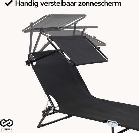 Infinity Goods Ligbed Met Zonnescherm - Opvouwbaar - Zonnebed - Ligstoel - Verstelbaar - Verstelbaar - Tuin - Weerbestendig - Zwart