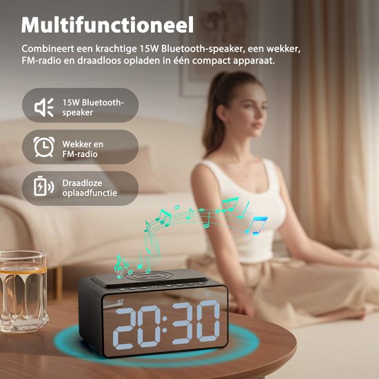 Digitale Wekker - met Radio, Bluetooth en Draadloze Oplader - Wekkerradio - Snooze Functie - Zwart - van Faas