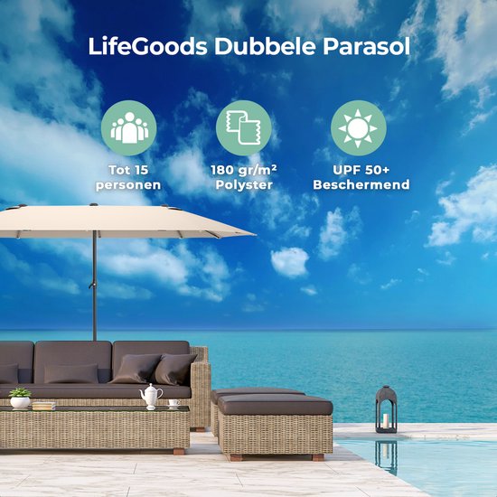 LifeGoods Dubbele Parasol - 270x460cm - tot 15 Personen - Waterdicht - met Hoes - Taupe