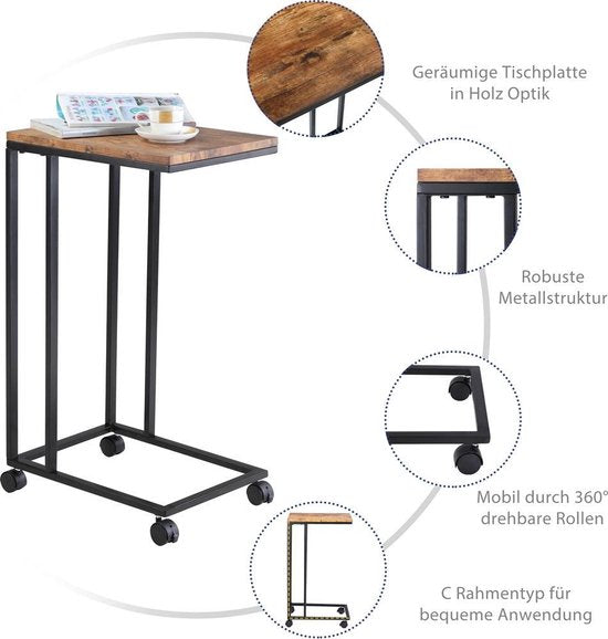 Casaria Bijzettafel op Wieltjes - 50x35x70 cm – Hout Metaal Zwart
