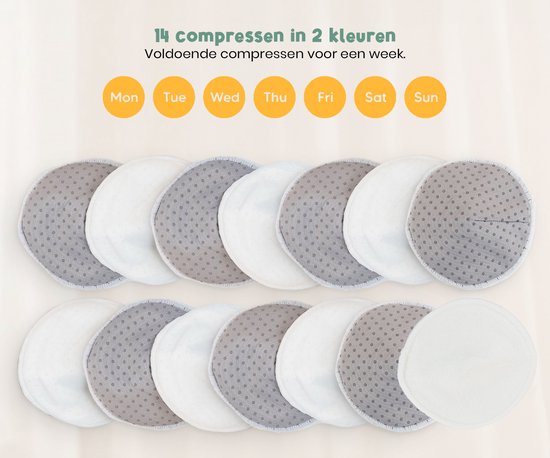 Frummel Zoogcompressen - Zoogcompressen wasbaar - Antislip - Herbruikbaar - Inclusief Transporttasje en Waszakje - 14 stuks - Grijs/Wit