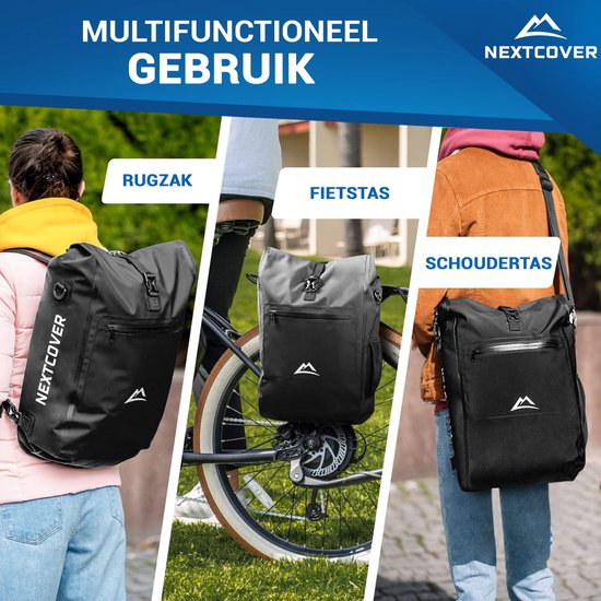NEXTCOVER® NIEUW 3-in-1 fietstas voor bagagedrager [Aquashield] - Reflecterend bagagedragertas waterdicht - rugzak en schoudertas [25 liter]- Zwart