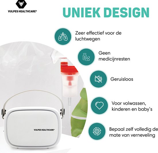 Vulpes Goods® HealthCare – Ultrasone Vernevelaar – Inhalator – Voor Kinderen, Volwassenen & Baby’s – 3 Mondstukken