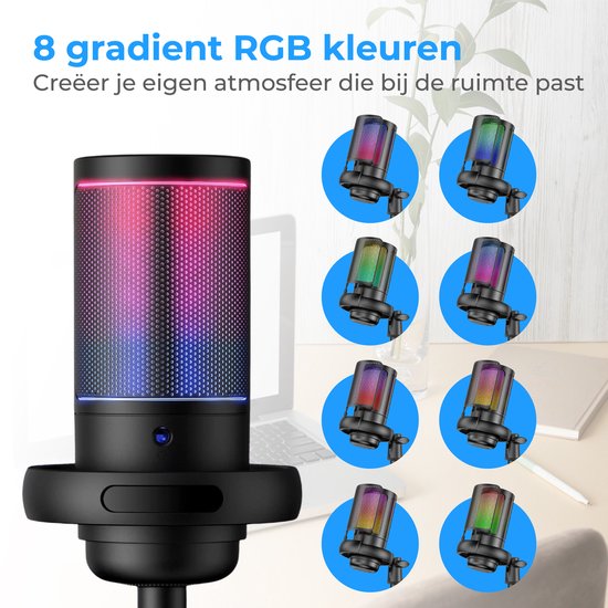 Nuvance - USB Microfoon met Standaard - voor PC en Gaming Microfoon - met Ruisfilter - Inclusief USB-C Converter - Streaming Microfoon - RGB