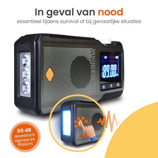 Goliving Noodradio - 17 x 9 x 4 cm - Draagbare Radio - Powerbank Zonneenergie Solar Opwindbaar - Zaklamp Oplaadbaar - Digitale Wekker - Bluetooth - 10000 mAH - 80 dB - Zwart