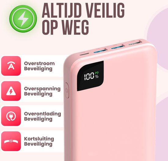 Strex Powerbank Roze - 27.000 mAh - 22.5W Snellader - USB-A/USB-C - LED Indicatie - Universele Powerbank geschikt voor o.a. iOS/Android
