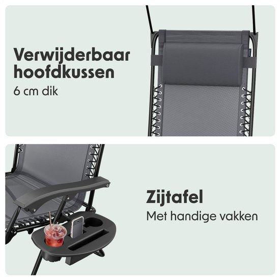 LifeGoods Opvouwbare Tuinstoel - Verstelbaar Zonnescherm - Ligstoel Tuin - 30°-90° Verstelbaar - Metaal - Grijs