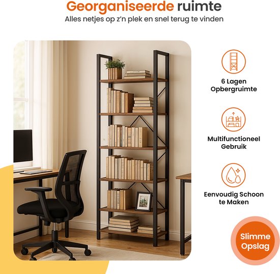 Goliving Boekenkast - 66 x 30 x 186 cm - 6 Lagen - Opbergkast - Wandkast - Boekenrek - Vitrinekast - Stellingkast - Woonkamer Kast - Industrieel - Bruin/Zwart