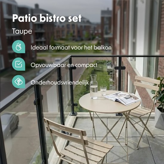 LifeGoods Bistroset - Staal - 3-delig - Tuinset - Inklapbaar - Balkonset met Tafel - Weerbestendig - Taupe