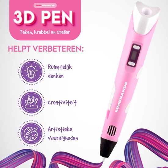 MM Brands 3D Pen Starterspakket - Inclusief 100m Filament in 10 Kleuren - Extra Lange Laadkabel - Geschikt voor ABS & PLA Filament - Roze