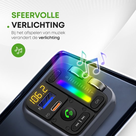 iSetchi Bluetooth FM Transmitter - Quick Charge 3.0 - Auto Carkit - USB C - Draadloos