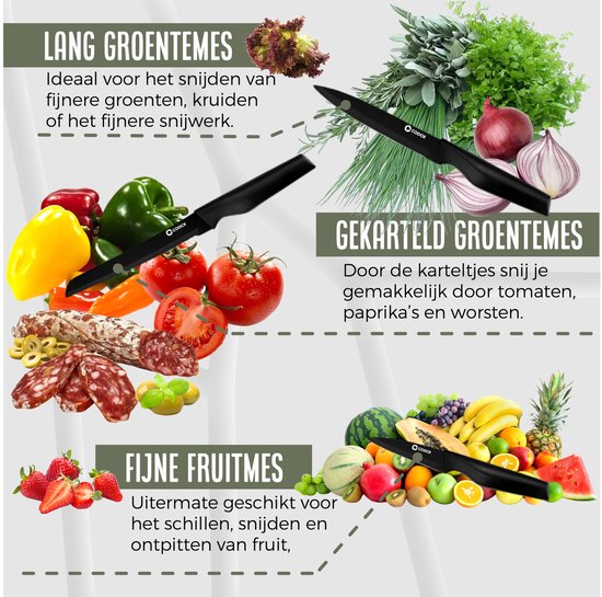 COOCK - Messenset met Blok en Vouwbare Snijplank – Keukenmessen - Schaar - Messenslijper – 15-Delige Keukengerei Set in Messenblok - RVS – Met ‘Non Stick’ Coating - Zwart