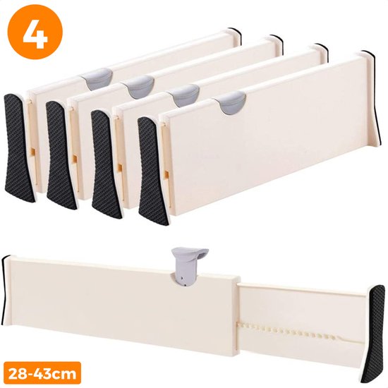 Posity Ladeverdeler - Verstelbaar & Uitschuifbaar - 4 Stuks - Lade Organizer - 28-43,5 cm - Voor Keuken, Slaapkamer & Kleding - Kunststof - Wit