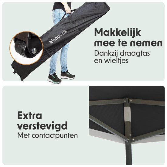LifeGoods Partytent - Paviljoen - EasyUp - Opvouwbaar - Waterdicht - Met Draagtas met wieltjes - 300 x 600 cm - Antraciet