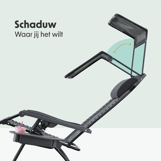 LifeGoods Opvouwbare Tuinstoel - Verstelbaar Zonnescherm - Ligstoel Tuin - 30°-90° Verstelbaar - Metaal - Grijs