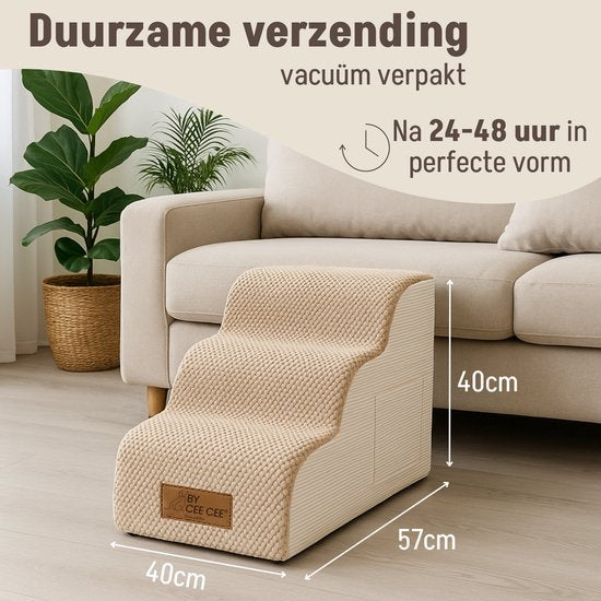 By Cee Cee – Hondentrap Kai – 40 x 57 x 40 cm – Voorzien Van Zelfherstellend Schuim En Anti-Slip Onderkant En Afritsbare Hoes – Voor Bank Of Bed – Bruin En Beige Textiel