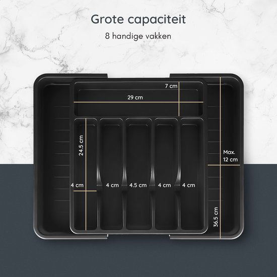 Deleca Uitschuifbaar Bestekbak met 8 Vakken - Besteklade Organizer - Keukenlade Bestek Organiser - Bestekhouder Keuken - 57 x 38 cm - Kunststof / Zwart