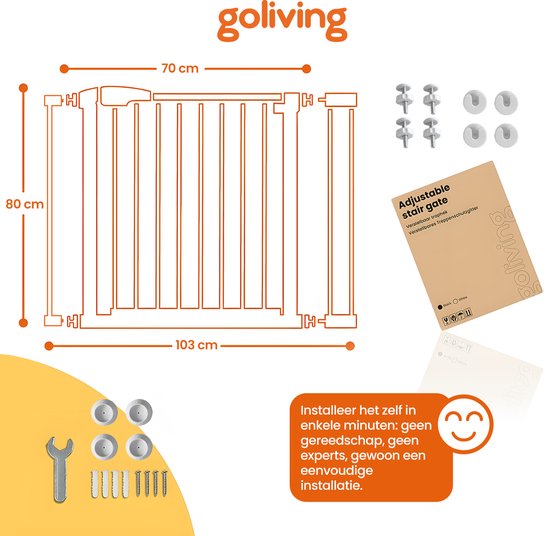 Goliving Traphekje Zonder Boren - 2 stuks - 75 t/m 103 cm - Klembevestiging - Klemmodel - Uitbreidbaar - Metaal - Kinderhekje - Hondenhek - Wit