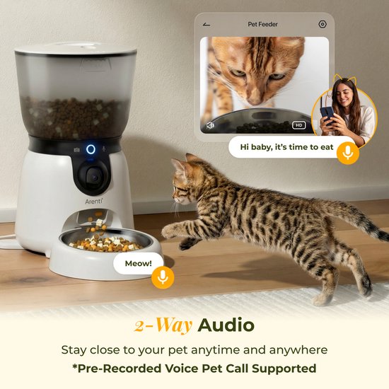 Arenti Petfeeder2 Automatische Voerbak 4L Met Beweegbare Camera - 3L Fontein - Kat & Hond – Slimme Voerdispenser met Camera – 3MP (2K) Met Night Vision – Two-Way Audio – Voerautomaat met App – Dual band Wifi – Voor Katten & Honden – Gratis App