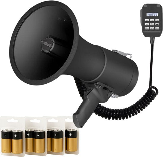 Velleman Megafoonset 50W met sirene, inclusief batterijen, 700s opname, volumeregeling, Bluetooth, USB, handmicrofoon, 1200m bereik, 120dB, draagbaar ABS design, mat zwart