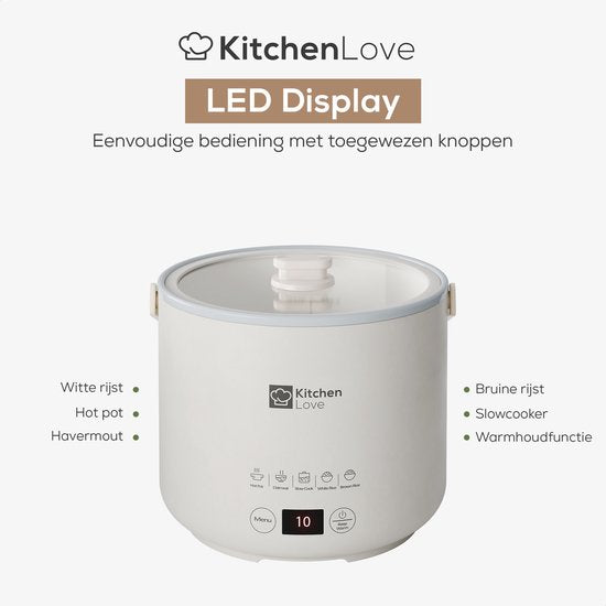 KitchenLove Rijstkoker - 0.4L - Multicooker - Rice Cooker - Slowcooker - 1 tot 2 Personen - Klein - Créme Wit