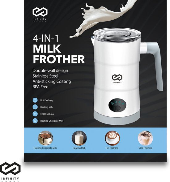 Infinity Goods 4-in-1 Elektrische Melkopschuimer - 350 ml - Opschuimen en verwarmen - Cappuccino - Vaatwasserbestendig - Wit