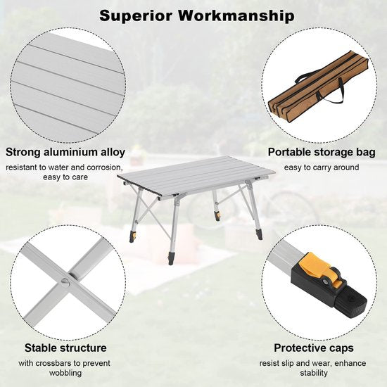 Rootz Campingtafel - Draagbaar Picknickbureau - Opvouwbaar Buitenoppervlak - Compacte Reisstandaard - Al Fresco Dineren - Campingmeubilair - Zilver - 90x52.2cm