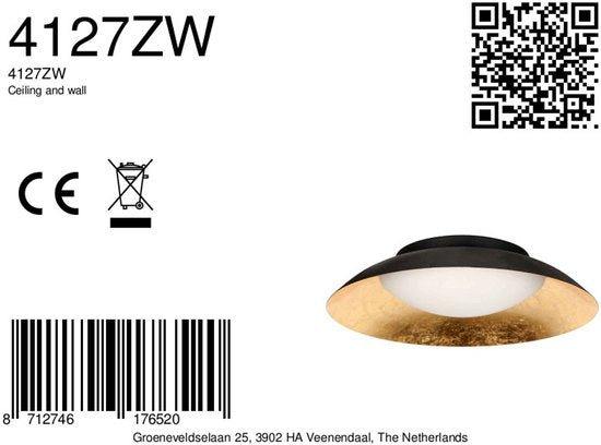 Plafonnière Zwart met Gouden Details, 3-staps Dimbaar, Kunststof en Metaal - Brotke 4127ZW - Steinhauer