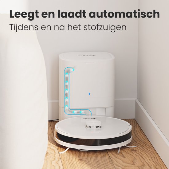 Auronic Robotstofzuiger - Met Dweilfunctie - WiFi en App - Laadstation - Huisdieren - Dweilrobot - Laser Navigatie - Automatisch Leegstation - Wit