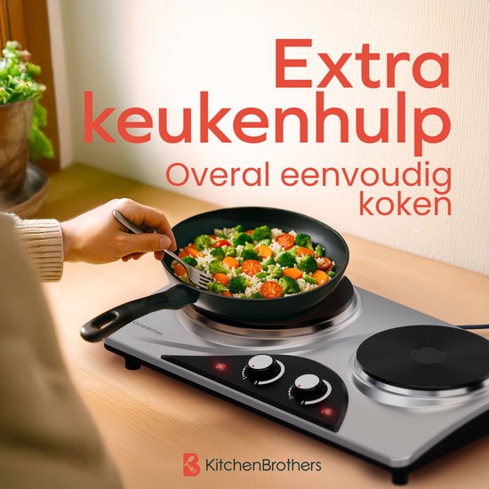 KitchenBrothers Elektrische Kookplaat - 2 Pits - Vrijstaand - 7 temperatuurstanden - 1500W + 1000W - RVS/Zwart