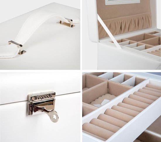 LifeGoods Sieradendoos XL - Juwelendoos - 20 Vakken - Wit/Beige