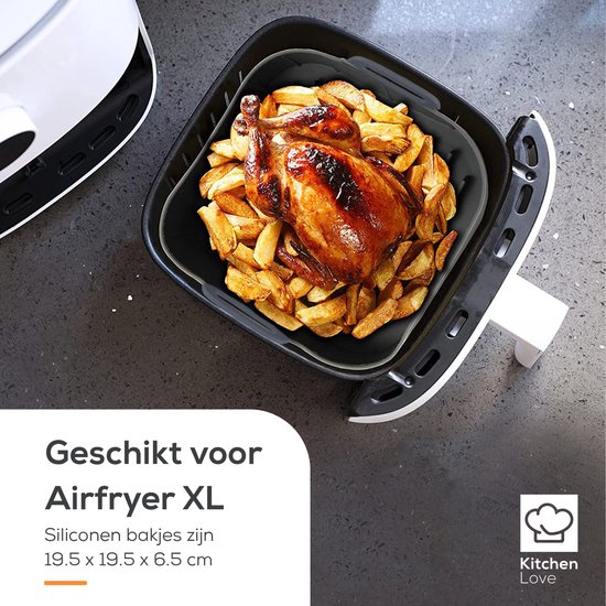 KitchenLove Airfryer Bakjes Siliconen XL - 2 Stuks - Vierkant - Bakpapier Alternatief - Accessoires - BPA Vrij - 20CM