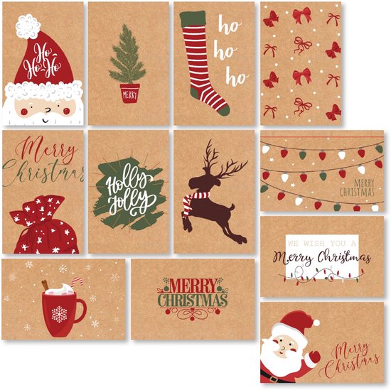 Giftmas Kerst Collectie – Wenskaarten & Kerstkaarten Set – 36 Groetenkaarten met 12 Designs – Inclusief Enveloppen en Stickers – Kraft Papier met Zwarte Bedrukking Voor Feestdagen – 20×15 cm