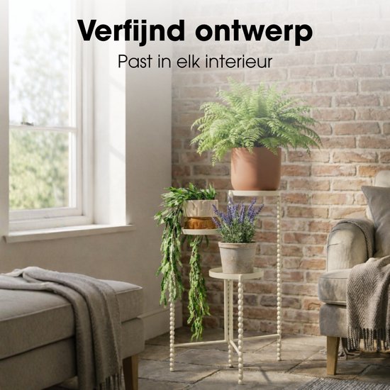 Mica Decorations Salvo Plantenrek - Plantenstandaard voor Kamerplanten - Plantentafeltje voor Binnen - Plantenonderzetter met Drie Plateaus - 40 x 40 x 70 cm - IJzer - Offwhite