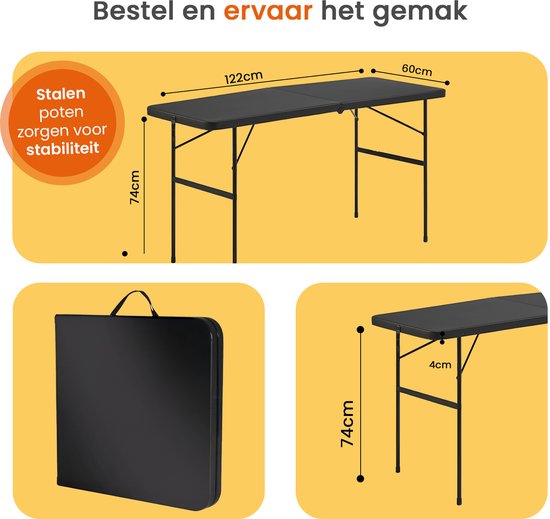 Goliving Inklapbare Tafel – Klaptafel – Campingtafel – Vouwtafel Buiten – Weerbestendig – 122 x 60 x 74 cm – Zwart