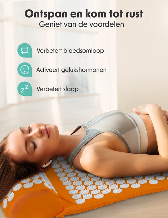 LifeGoods Acupressuur Mat met Kussen - Shakti mat - Spijkermat Incl. 2x Triggerpoint Bal - 66x40x2cm - Oranje/Wit