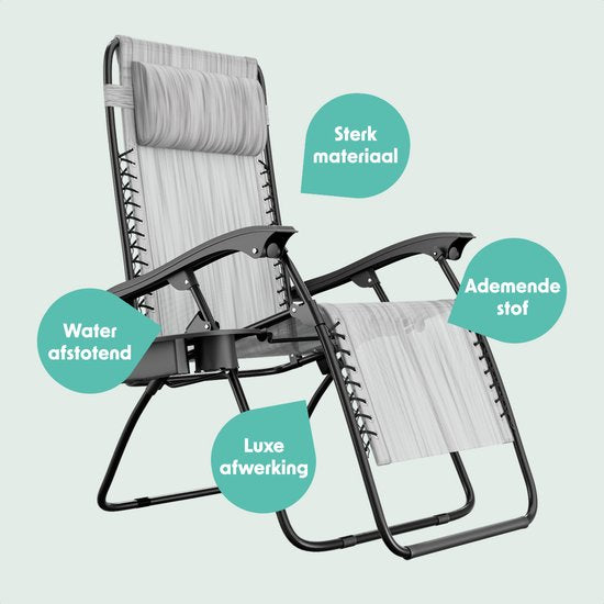 LifeGoods Opvouwbare Tuinstoel - Ligstoel Tuin - 30°-90° Verstelbaar - Metaal - Lichtgrijs