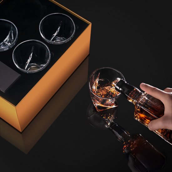 BarDeluxe® Whiskey Set - 4 Handgemaakte Kristallen Glazen 325 ml - Luxe Cadeauset met IJsblokjesvorm & Bewaardoos - Ideaal als Whisky Geschenk
